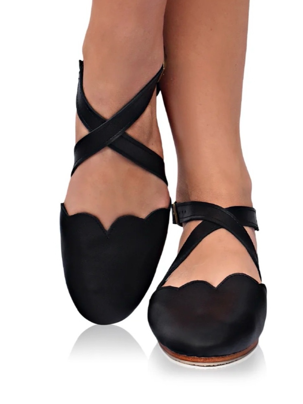 Bali ELF Black Mangrove Cross-Strap Leather Ballet Flats Scallop Size 10